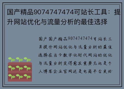 国产精品9074747474可站长工具：提升网站优化与流量分析的最佳选择